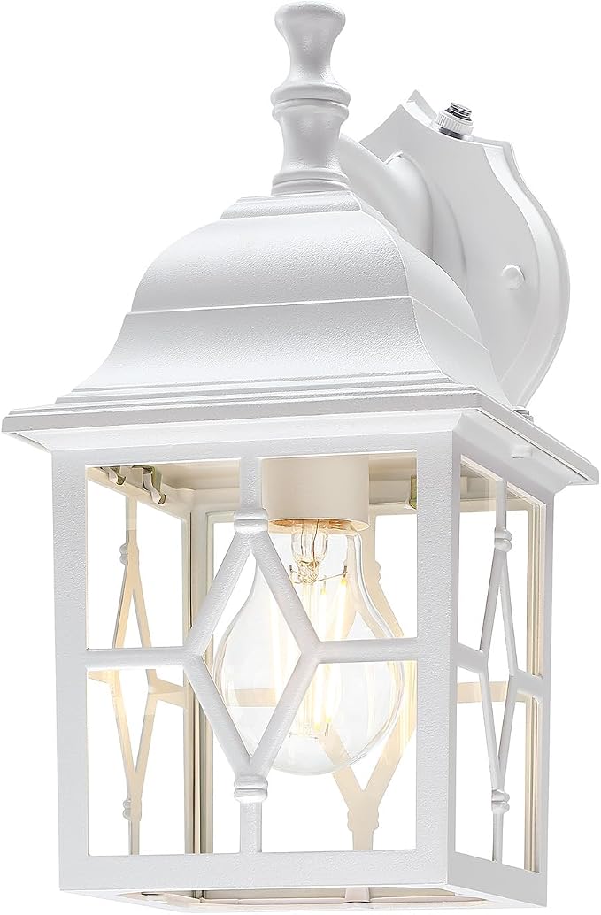 Outdoor Wall Light Fixture, Rustproof Aluminum, Glass | Dusk to Dawn Large Exterior Porch Light Wall Sconce Lantern for House, Patio, Garage, Waterproof, E26 Socket 60W Max, White