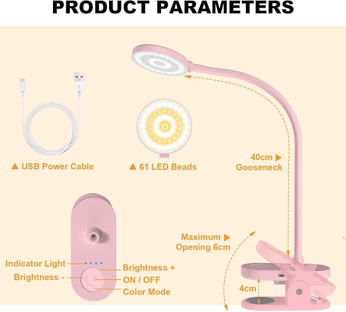 Rechargeable Clip on Light for Bed, Cute LED Reading Lamp for Girls Dorm Room, Portable Book Light with Clamp on Headboard Bedside Table, Flexible Lamp with 3 Color Temp & 10 Brightness (Pink/3.5'') | 10 Brightness Levels, Clamp Lamp with USB-C, 15.8''...