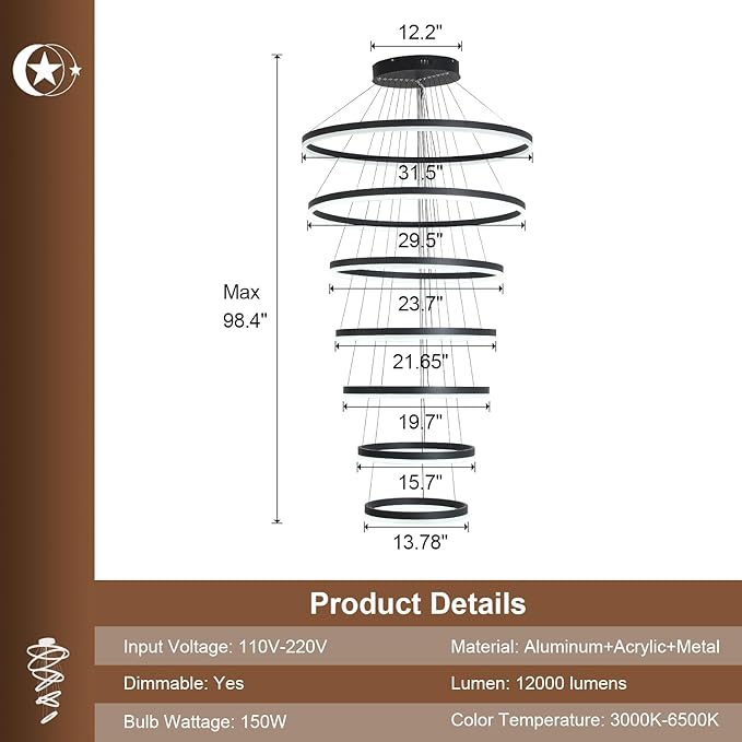 XGZL·LIGHTING 7-Rings Modern LED Chandelier Black D31.5’’ Contemporary High Ceiling Foyer Chandeliers Large with Remote Entryway for Living Room Entrance Staircase, 3000K-6000K