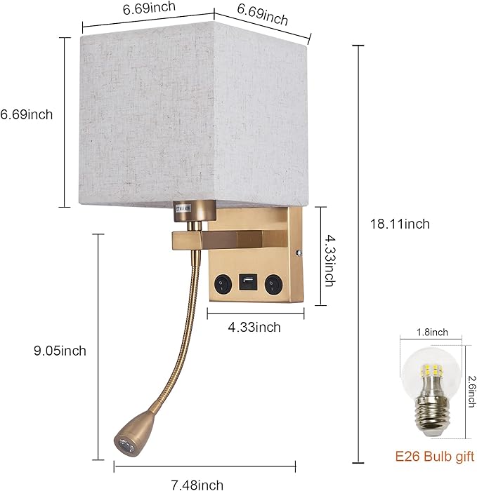 Wall Sconces, Hardwired Wall Lamp with USB Port White Fabric Shade Bedside Wall Lights with Reading Lamp for Bedroom Living Room Hotels and Office (Gold)