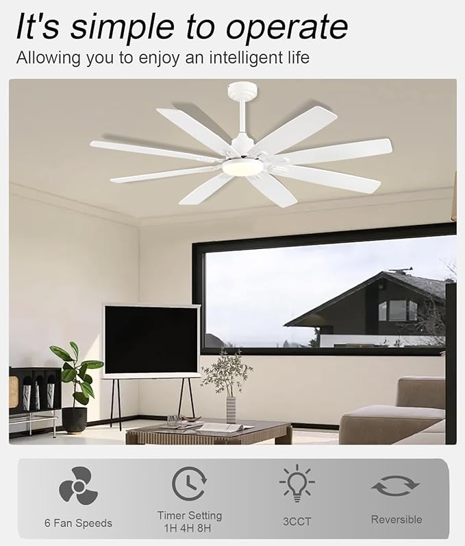 Ceiling Fan with Light and Remote/APP Control, 62 inch Large Low Profile Ceiling Fans for Living Room Patio, Quiet DC Reversible Motor, 8 Speed, 3CCT, Dimmable, Dual Finish 8 Blades, White
