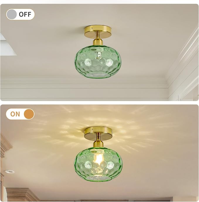 7.9″ Vintage Small Green Semi Flush Mount Hallway Ceiling Light ,2 Pack | Art Deco Hammered Glass,Whimsical,MCM,Gold Mid Century Light Fixtures for Closet Cottage Entryway Laundry Room Foyer