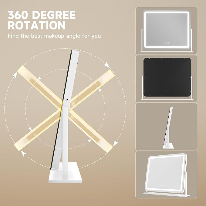 Hasipu Vanity Mirror with Lights, 24" x 20" LED Makeup Mirror, Light up Mirror with Smart Touch 3 Colors Dimmable, Brightness Adjustment, 360° Rotation (White)