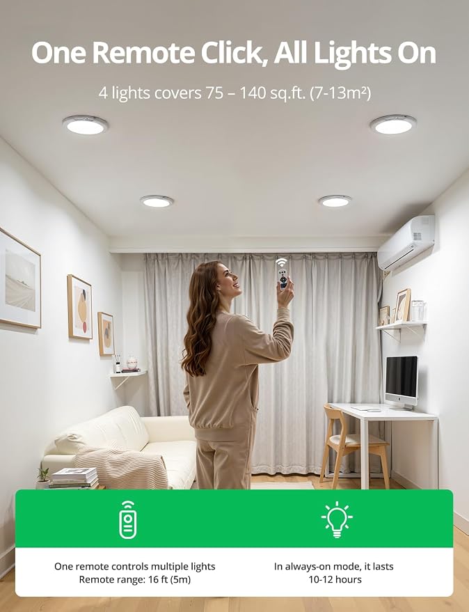 Bojim Rechargeable Motion Sensor Ceiling Light with Remote Battery Operated | 4 Pack Magnetic Wireless Stick On Light No Wiring Renter Friendly for Closet Bedroom Hallway lámparas recargables para techo