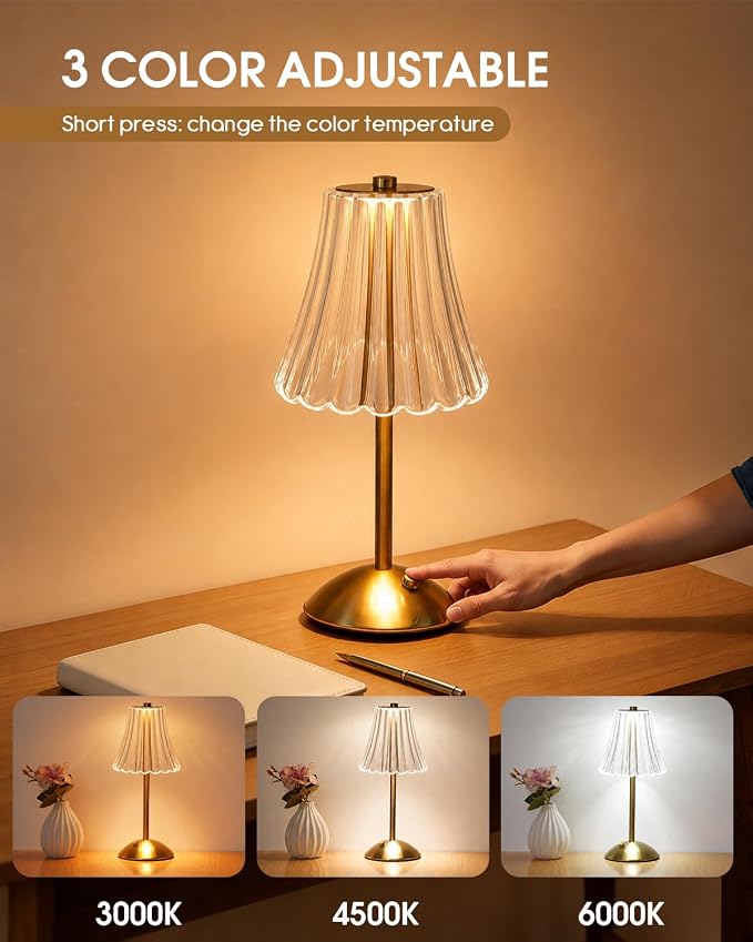 Nusogon Rechargeable Cordless Table Lamp, Gold Touch Crystal Desk Lamp | 3 Color Dimmable LED Small Lamp, Battery Operated Lamp for Bedroom Bedside Restaurant Kitchen Home Decor