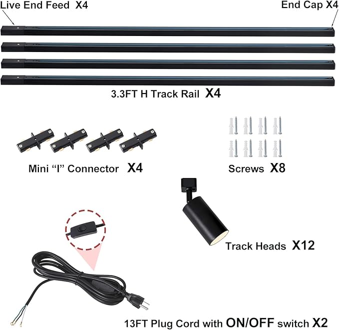 Plug-in Track Lighting Kit With Power Cord, 12-Light GU10 H Type Rails, Modern Kitchen LED Ceiling Spot Light Fixtures, 13FT, Black (No Bulbs)