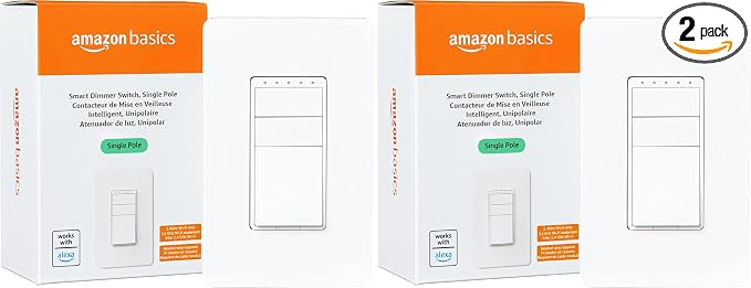 Amazon Basics Smart Dimmer Switch, Single Pole, Compatible with Alexa Only, Voice Control, 2.4 GHz Wi-Fi, No Hub Required, Neutral Wire Required, White (Pack of 2)