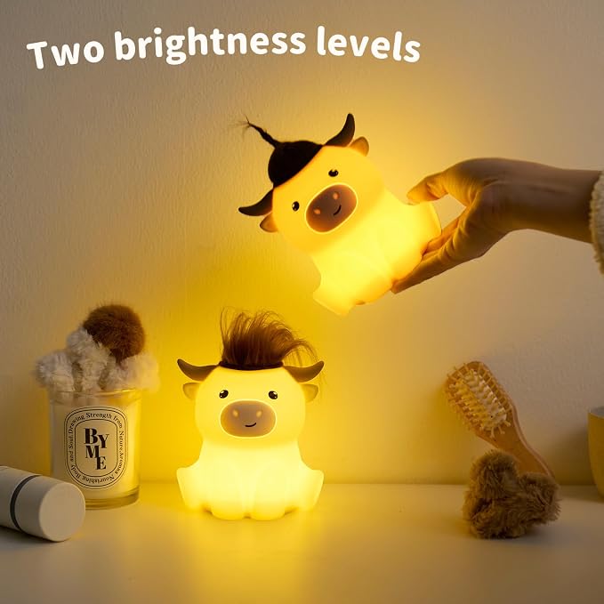 Cute Highland Cow Night Light, LED Squishy Night Lamp, 2 Levels Dimmable Timer Nursery Nightlight for Kids, Rechargeable Touch Lamp, Dorm Decor, Kids Funny Gifts (Highland Cow)