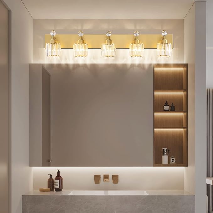 PRESDE 5-Crystal Bathroom Vanity Light Modern Gold Bathroom Lights Fixtures Over Mirror Modern Bath Wall Lighting