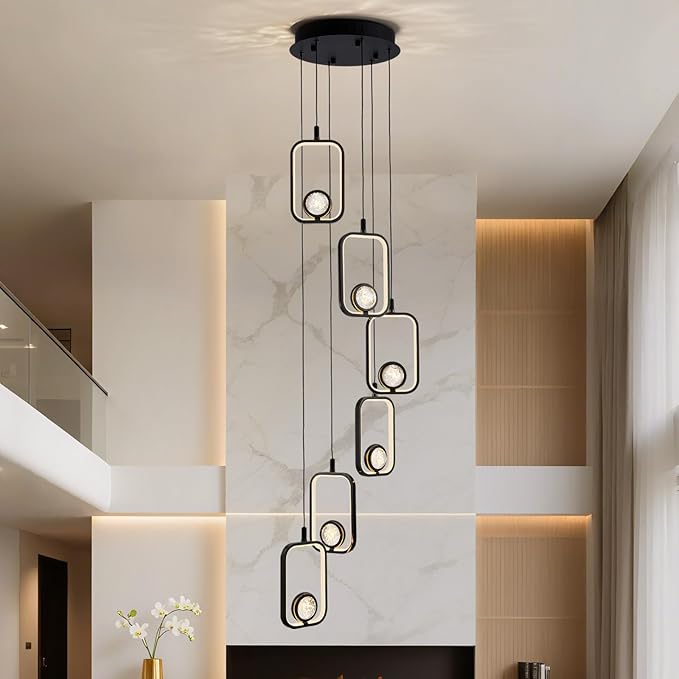 6Lights Modern LED Crystal Chandelier 6 Lights Black High Ceiling Chandelier for Staircase Large Adjustable Length Light Fixture for Foyer Entryway Living Room
