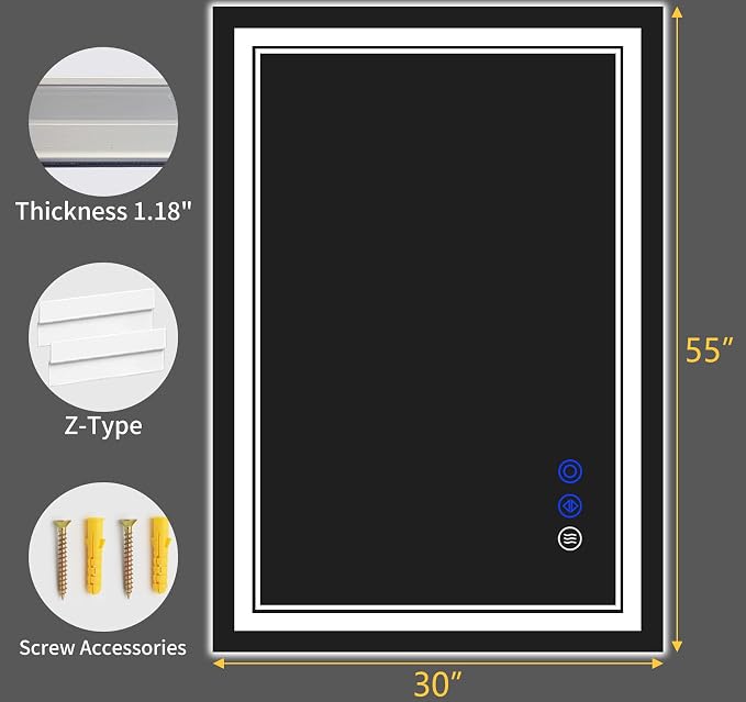 55"x30" LED Bathroom Mirror with Lights,Anti-Fog,3 Color Modes