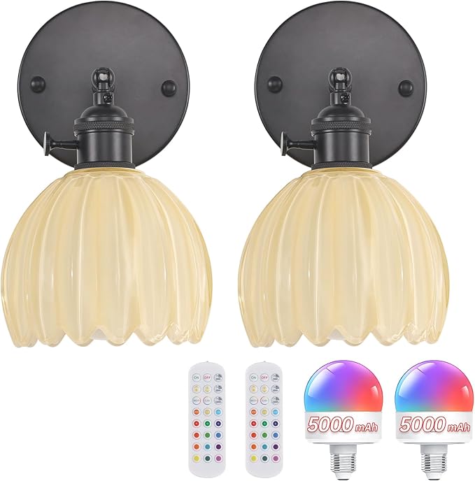 Vintage Wall Sconce Set of 2 - Rechargeable Battery Powered with Remote Control, Pastel Yellow Tulip Glass Lampshade (5000mAh) for Bedroom/Doorway