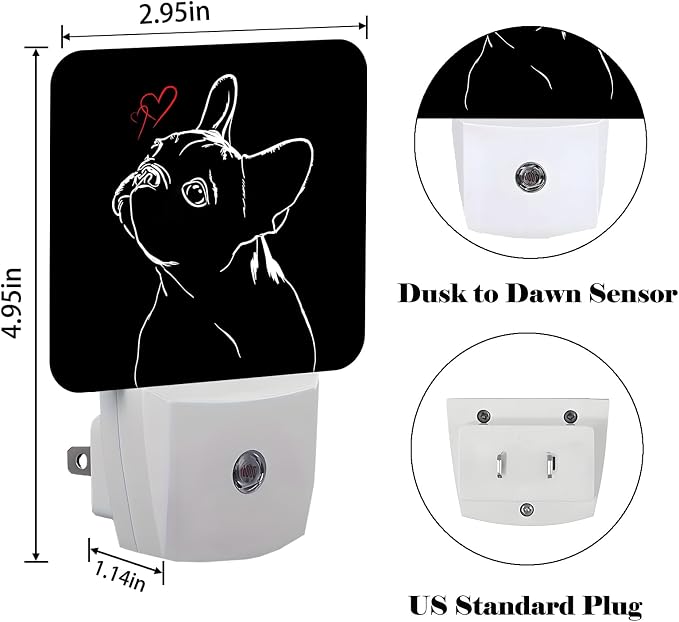 French Bulldog Night Light,Red Heart Plug-in Night Lights with Dusk-to-Dawn Sensor for Stairway,Hallway,Bedroom Sleep Friendly Ideal for Women/Girls/Boys Gift,0.5w