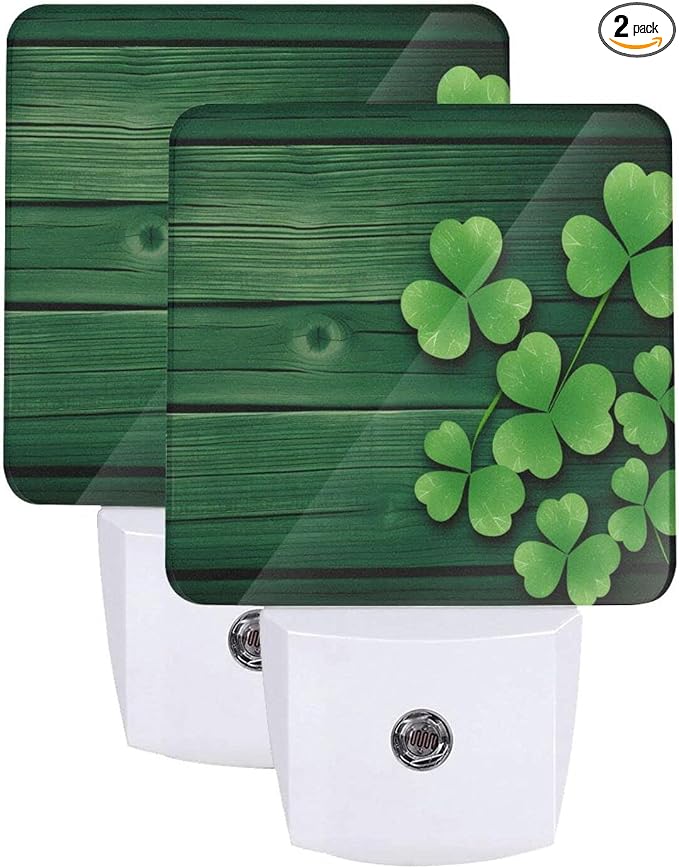 Clovers LED Plug-in Night Lamp 2 Piece Set, Auto Sensor St Patrick's Day Nightlights Set of 2 for Bedroom Bathroom Hallway