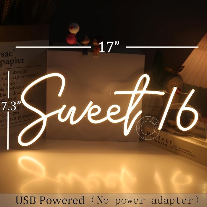 SYLHOME Sweet 16 LED Neon Light Sign 17"X7.3" 5V Sweet Girls Adults Bedroom Happy 16th Birthday Party Wall Decor Beautiful Bestie Sister Gift USB Warm White