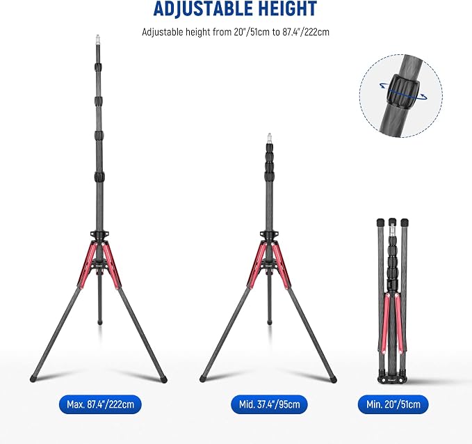NEEWER Light Stand Carbon Fiber with 180° Reversible Legs, 1/4" to 3/8" Screw Adapter and Bag, 86.5"/220cm Portable Travel Tripod Stand for Outdoor Photography Speedlite Strobe Softbox, ST210R