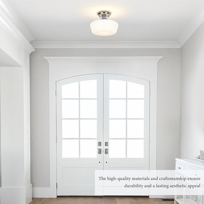 Schoolhouse Style Semi Flush Mount Ceiling Light Fixture, 12" Modern Chrome Hallway Ceiling Lamp with Opal Milk Glass Shade, Farmhouse Globe Light for Bedroom Kitchen Hallway Entryway Laundry