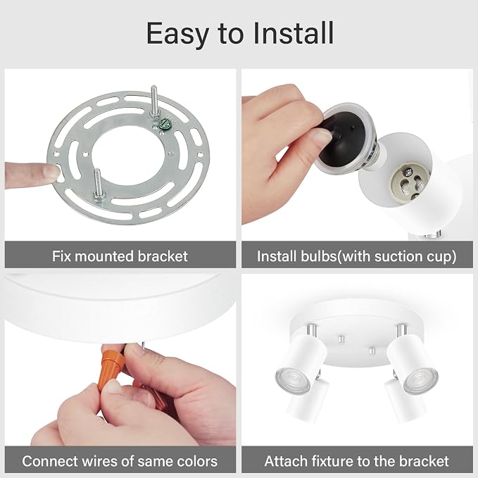 AUQUEE LED 4 Light Track Lighting Kit, LED Track Lighting Fixtures, White Round Ceiling Spot Lighting, Flexibly Rotatable Light Head for Kitchen, Living Room, Bedroom, GU10 Bulb Not Included