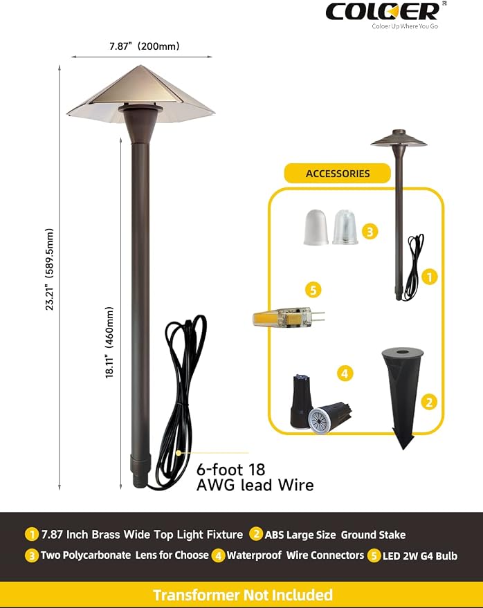 COLOER 1-Pack Brass12V Low Voltage Garden Path Lights Outdoor(605B) | with 2W 2700K 180LM LED G4 bulb, 7.9" Shade 23.2" Tall, Bronze, Heavy Duty LED Pathway Lights Outdoor Wired