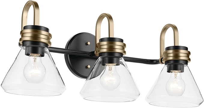 Kichler Farum 3-Light Bathroom Vanity Light, Black | Modern vanity light with clear glass for single or double bathroom mirrors (26" x 9.5" x 9.5"), 55155BKCLR