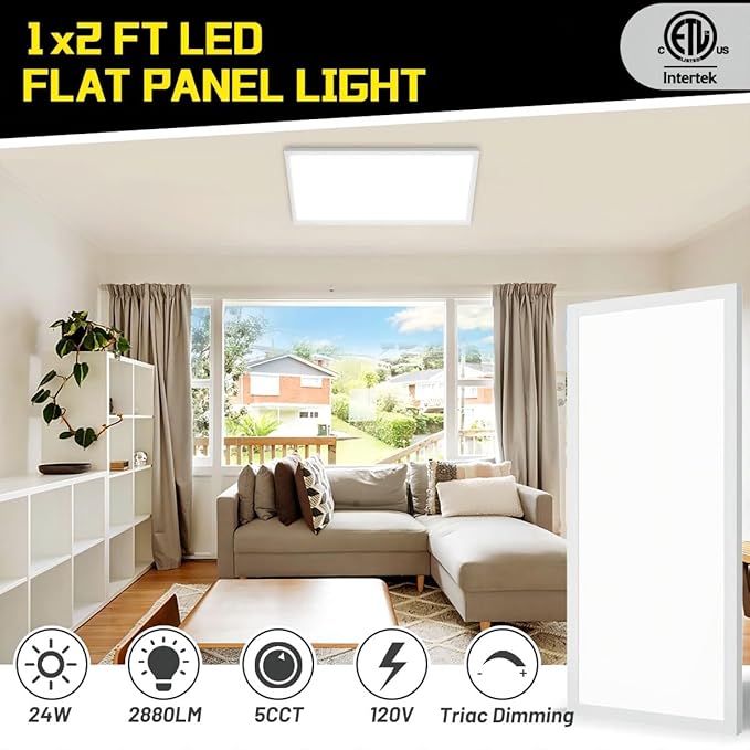 1x2 LED Flat Panel Light Surface Mount 2-Pack, Flush Mount Ceiling Light 24W 2880LM, 5CCT 3000K/3800K/4500K/5200K/6000K, Dimmable Panel Lights