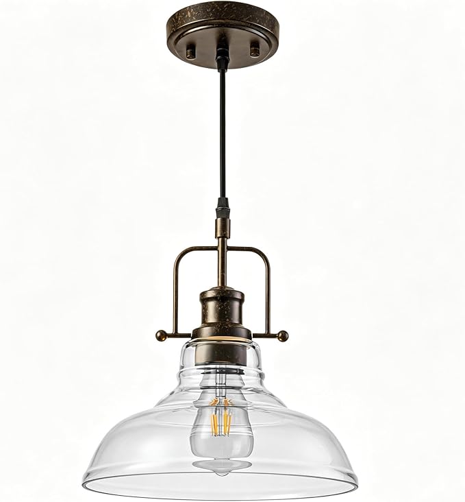 WILON Clear Glass Modern Pendant Light for Kitchen, Rust | 11'' Clear Glass Shade, Adjustable Height, E26 Ceramic Socket, 60W MAX, Farmhouse Style for Dining Room Kitchen Over Sink