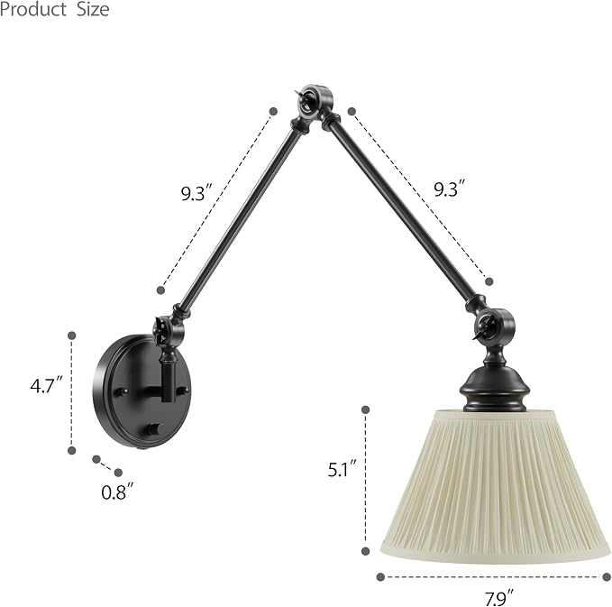 Plug in Wall Sconces Set of Two, Black Swing Arm Wall Lamp with 6.6FT Plug-in Cord and Knob Switch, Fabric Wall Lights for Bedroom, Reading, Study Room, Office, Living Room (2 Pack)