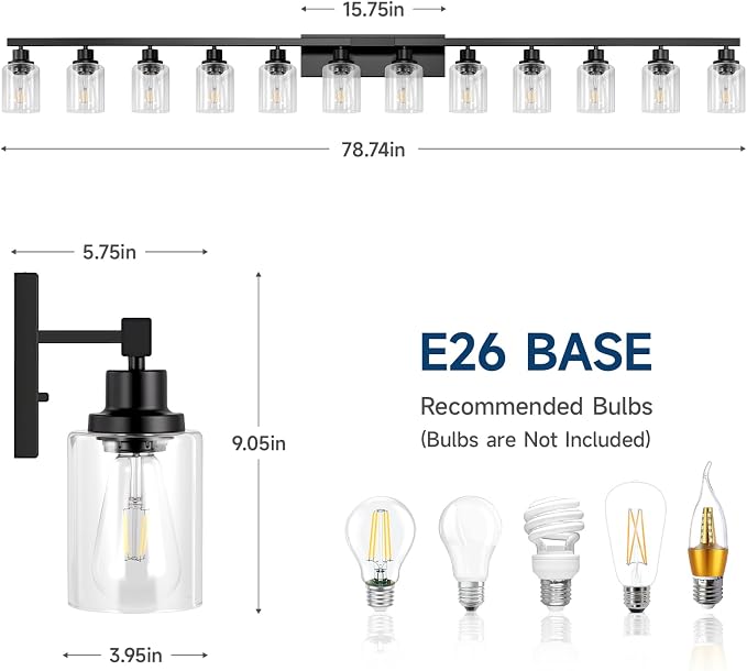 12 Light Bathroom Light Fixtures, Black Bathroom Lighting Fixtures Over Mirror Matte Black Modern Vanity Lights Wall Lighting for Mirror Bedroom, Living Room (78.7inch)