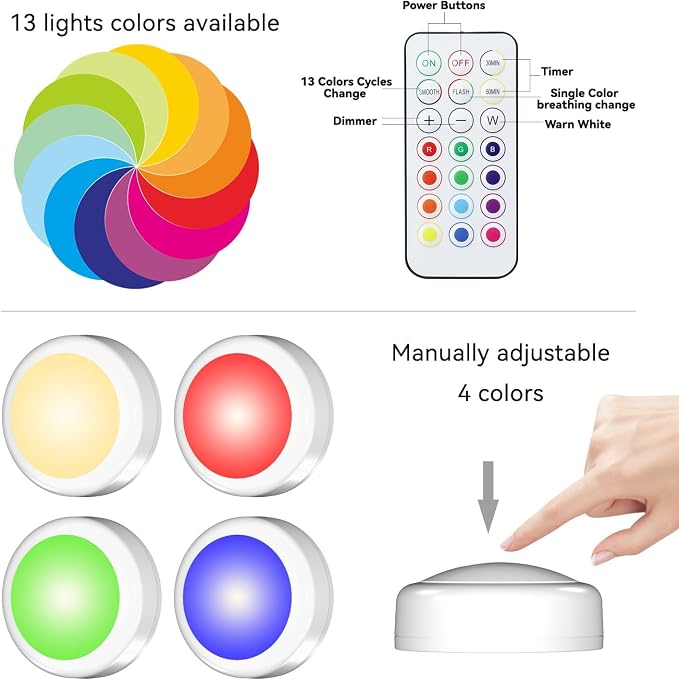 SEMSMOKS Battery Operated LED Push Lights with Wireless Remote, 13 Color RGB - for Closet, Bedroom Wall, Under Cabinet, Battery Powered Puck Lights. Convenient 3M Stick On(Black, 2-Packs)