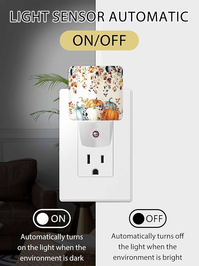 Fall Night Lights Plug into Wall LED Night Light Thanksgiving Watercolor Pumpkin Leaf Vintage Automatic Dimmable Dusk-to-Dawn Square Shaped Smart Nightlight for Bathroom/Bedroom