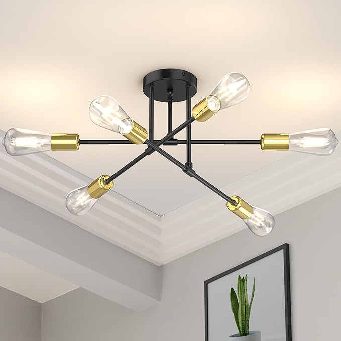 Modern Sputnik Chandelier Ceiling Light Fixtures, 6-Lights 22” Mid Century Industrial Metal Semi Flush Mount for Dining Room, Bedroom, Living Room-Black and Gold