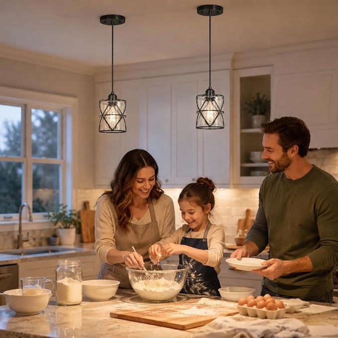 DSMJFU Black Glass Pendant Lights Kitchen Iskland Set of 2 for Bedroom Sink | Adjustable Height, E26 Base,Adaptable different ceilings,Dual Mount Ceiling & Hanging Fixtures,Dimmable,Farmhouse Industrial