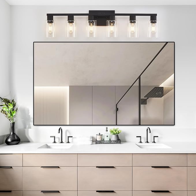 Black Bathroom Light Fixtures, 6-Light Bathroom Lighting Fixtures Over Mirror with Clear Glass Shade, Matte Black Vanity Lights, 6 Light Count Large Vanity Light Fixture for Bath, Mirror,Wall Sconce