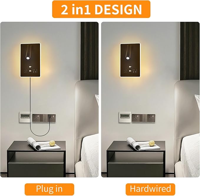 Dimmable Plug in Wall Sconce with Touch Switch,Headboard Bedside Wall Lamp,Multifunction Wall Light with USB C+A Ports,Adjustable Wall Mounted Reading Light,3 Color Temperature(Black)
