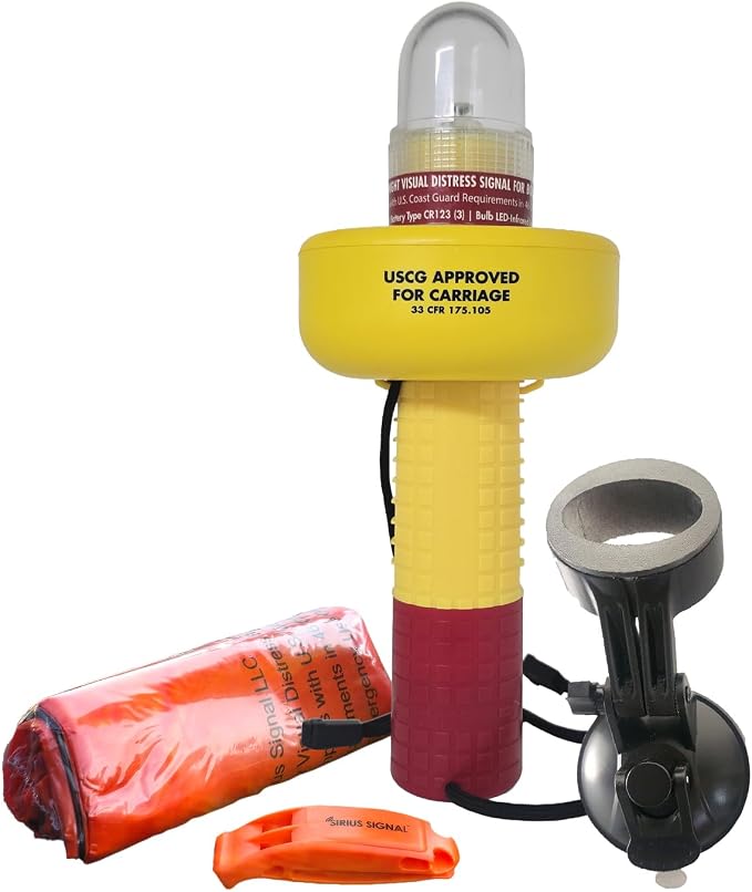 Sirius Signal A-1001 SOS LED Mini Beacon Distress Signal - USCG Approved | Electronic Boat Flare Replacement, Bright White Light + Infrared, Includes Mount, Daytime Flag & Whistle, Storage Handle