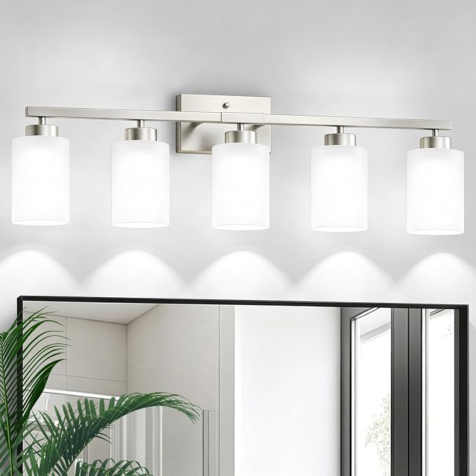 IZORRO Modern Bathroom Light Fixtures, 5 Light Brushed Nickel Vanity Lights, Bathroom Lighting Fixtures Over Mirror with White Glass for Living Room Cabinet Bedroom