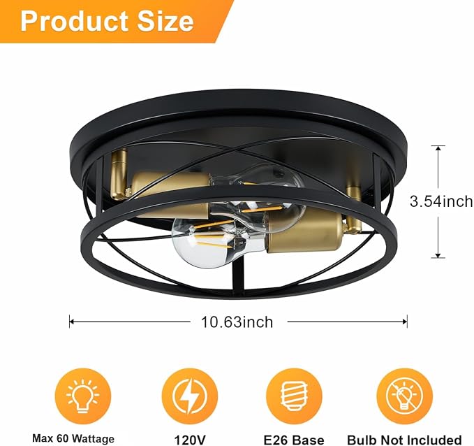 Farmhouse Lights,Black and Gold Industrial Flush Mount Ceiling Light, Ceiling Lamp Farmhouse Lighting Fixture for Hallway, Bedroom, Kitchen, Entrance, 2-Light