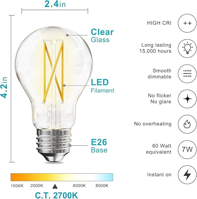 dalattin 6 Pack A19 Vintage LED Edison Bulbs, Dimmable, 60W Equivalent, High Brightness 2700K Soft White, 8W E26 Standard Base, 800 Lumens, CRI80+, Clear Glass Filament Bulb for Home