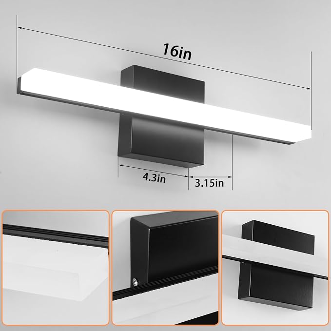16 Inch Matte Black LED Bathroom Vanity Light, 3CCT 3000K/4000K/6000K Over Mirror Wall Sconce, Modern Hardwired Bathroom Mirror Lighting Fixture