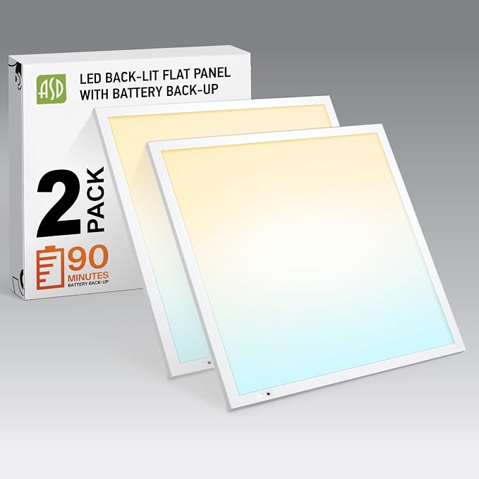 ASD 2 Pack 2x2 LED Flat Panel Light with Emergency Battery Backup - 20/25/30W UL DLC | 3573LM 3500K-5000K 120-277V Dimmable 2x2 LED Drop Ceiling Light Fixture | 2x2 Commercial Lights for Ceiling