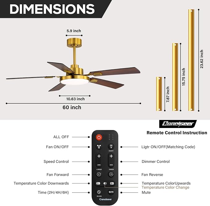 60 Inch Ceiling Fans with Lights and Remote, Bedroom Living Room Office Library Cafe Outdoor Industrial, 5CCT Dimmable, Dual Color 5 Blades, 6 Speed Reversible Quiet DC Motor, Gold/Wood Grain