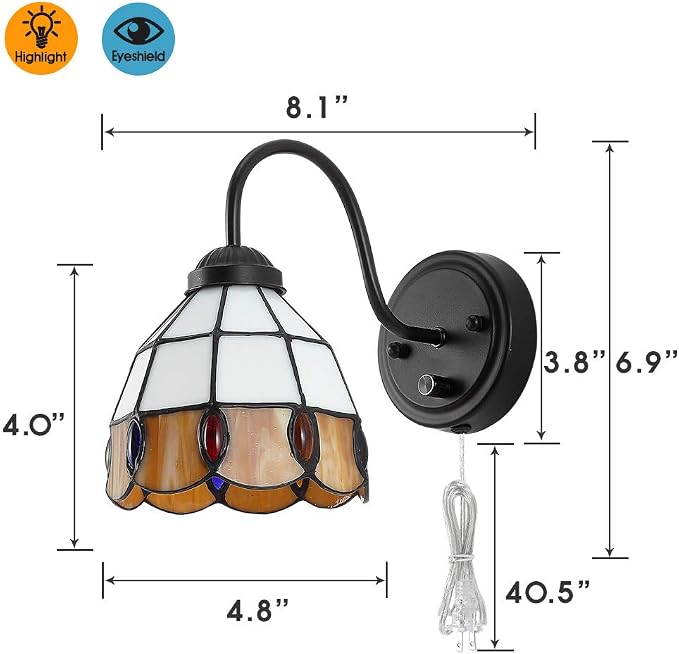 Tiffany Dimmable Wall Mount Lamp, Industrial Vintage Gooseneck Wall Sconce Lighting with Plug in Cord and Switch for Bedroom Nightstand, Living Room