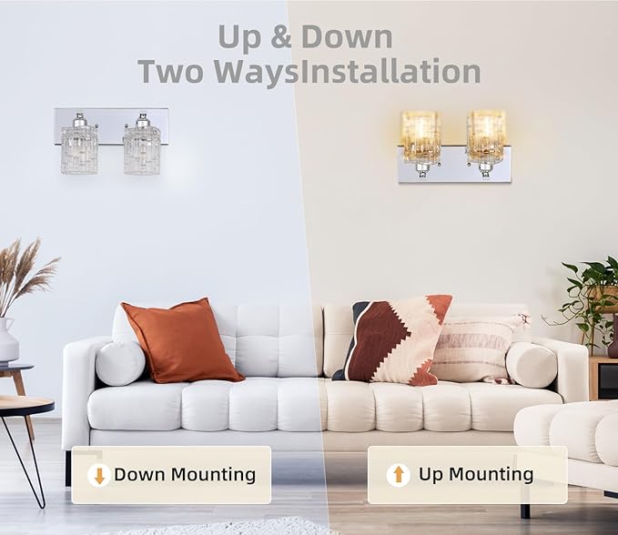 Chrome 2-Light Crystal Bathroom Vanity Light Fixture Over Mirror, Modern Bathroom Wall Light for Living Room, Bedroom, Hallway