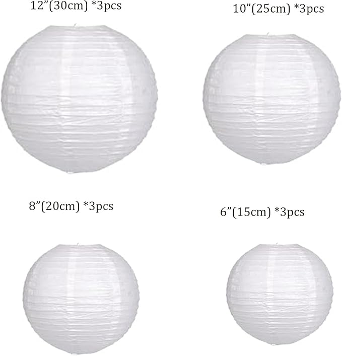 12Pcs Paper Lanterns 6”, 8”, 10”, 12”,Paperlanterns Party Decoration, White Paper Lanterns for Wedding, Bridal, Birthday, Outdoor, Home, Garden, Holiday and Party.