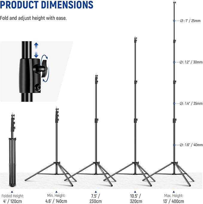 NEEWER 13ft/400cm Air Cushioned Light Stand, Heavy Duty Metal Photography Tripod Stand with 1/4” to 3/8” Reversible Screw Adapter and 3 Way Mounting Interface, Load Capacity: 6.5lb/3kg, ST-400AC | Photography Tripod Stand, 1/4" to 3/8" Reversible Spigo...