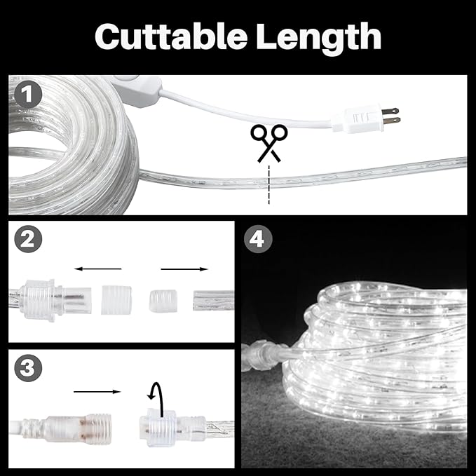 33ft/10m LED Rope Lights, Cool White Rope Light Outside, Waterproof Rope Lighting for Indoor Outdoor, 360 LEDs Plug in Flexible Connectable Decorative Lights for Garden, Patio, Pool, Bedroom (6000K)