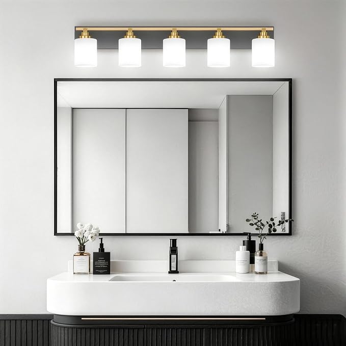 Black and Gold Bathroom Light Fixture, Modern 5 Light Vanity Lights for Bathroom Lighting Fixtures Over Mirror, White Glass Lampshade, Master & Guest bathrooms Bathroom Remodel, 35.4-inch