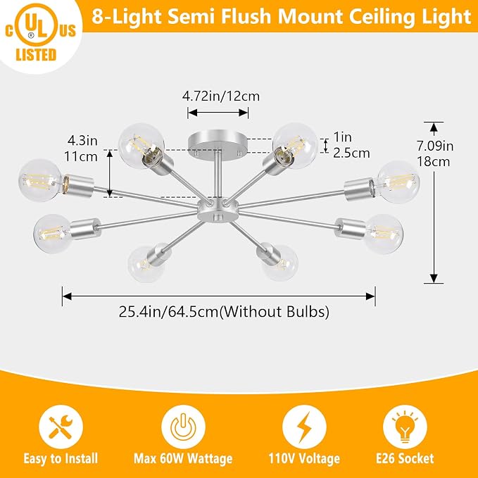 Lomoky 8-Lights Brushed Nickel Semi Flush Mount Ceiling Light Fixture, Modern Sputnik Hallway Light Fixtures Ceiling, E26 Close to Ceiling Lighting for Bedroom Dining Room Hallway