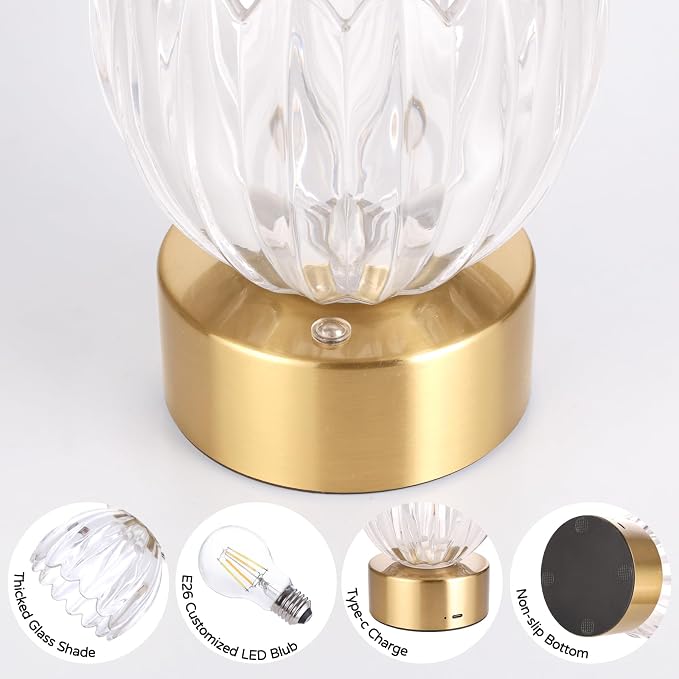 Shenmoyl Cordless Small Table Lamp with 5200mAh Battery & Touch Control, Battery Operated Tulip Table Lamp with 3 Colors, Rechargeable Mini Table Lamps for Bedsides, Bedroom, Nightstand (Transparent)