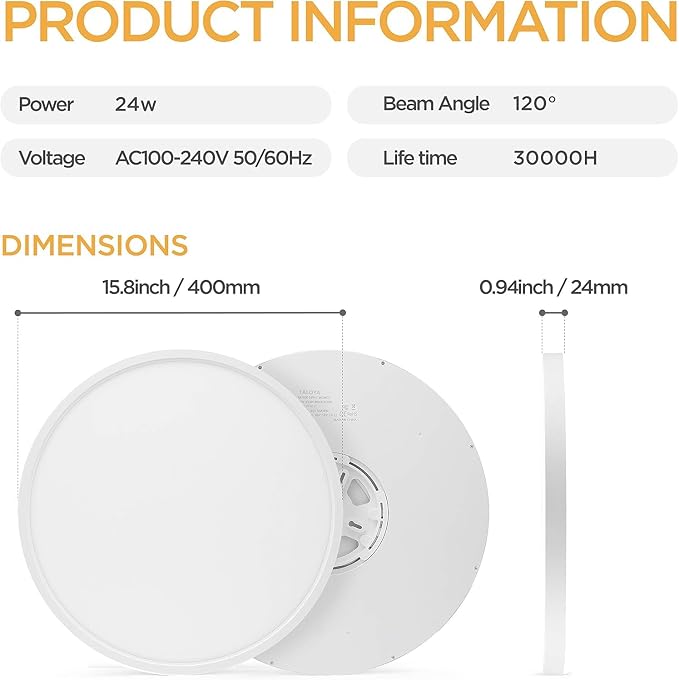 TALOYA 2-Pack 15.8" LED Flush Mount Ceiling Light Fixture,24W 5CCT,White | 100–240 VAC Input,Edge-Lit LED Modern Ceiling Lamp for Living Room,Bedroom,Hallway,Kitchens
